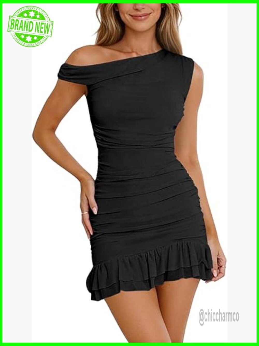 Off Shoulder Bodycon Mini Dress Ruched Mesh Ruffle Hem Sleeveless Fitted Club